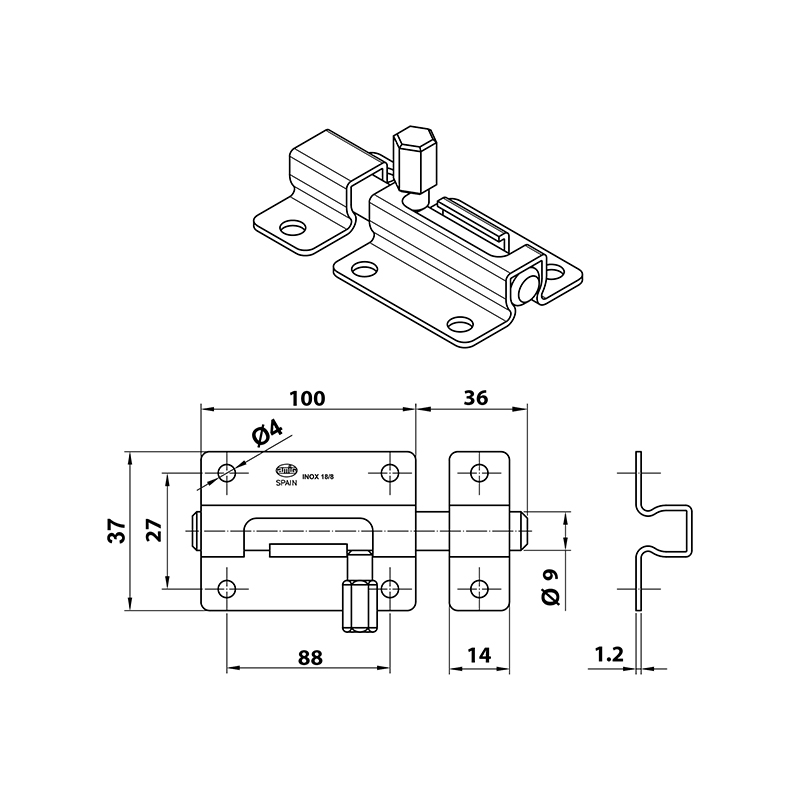 BARREL BOLT INOX 800 / MAT INOX