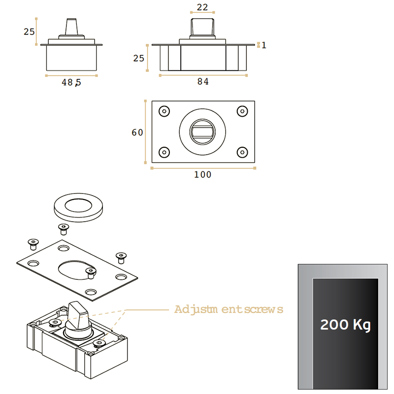 ADJUSTABLE DOOR BOTTOM PIVOT / 200Kg