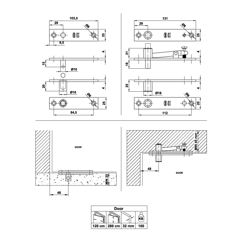UPPER AND LOWER DOOR PIVOTS / 80kg