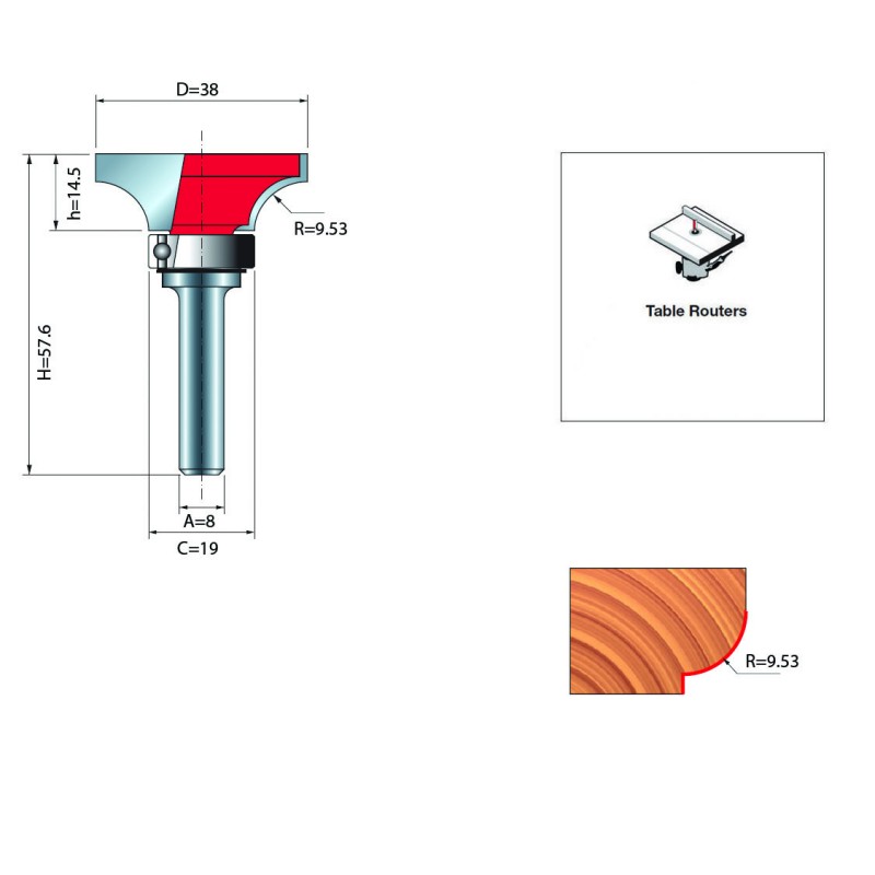 TOP BEARING OGEE AND COVE MOULDING BIT D.8 / 38x14.5mm