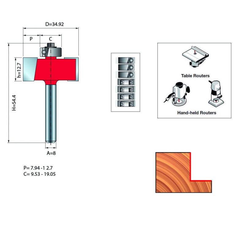RABBETING BITS WITH 7 BEARING SET D.8 / 34.92x12.7mm