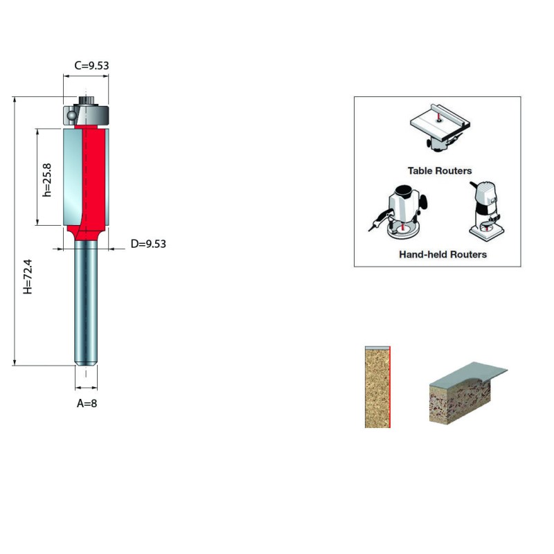 FLUSH TRIM BITS CHUCK D.8 / 9.53x25.8mm All Routing Bits