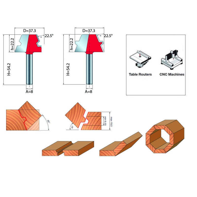 2 PIECE LOCK MITRE BITS D.8 / 37.3x22.2mm
