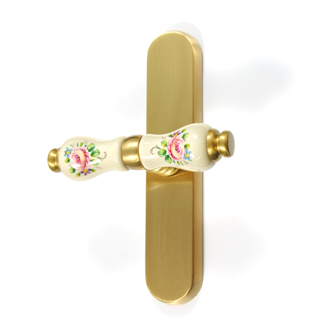 WINDOW HANDLE FLORA WITH BEIGE PORCELAIN AND FLOWERS / MAT GOLD 