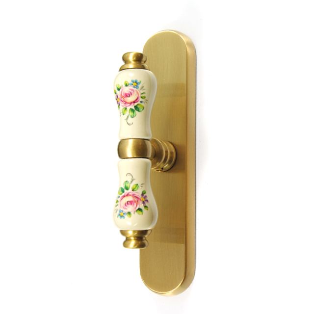 WINDOW HANDLE FLORA WITH BEIGE PORCELAIN AND FLOWERS / MAT GOLD 