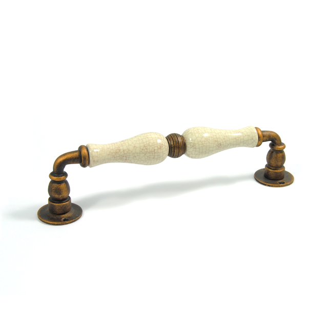 BROWN PULL HANDLE FOR DOOR WITH CRACKED IVORY PORCELAIN