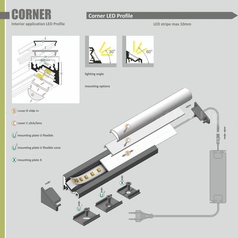 LED PROFILE CORNER / ANODISED ALUMINIUM  PROFILE CORNER