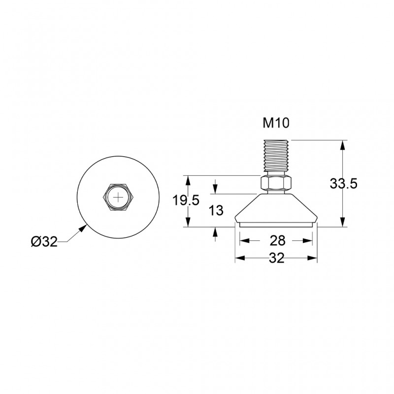 NICKEL ADJUSTABLE LEVELER M10x14 / H.33 / D.32 / SLOPING