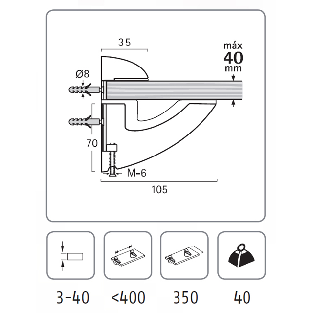 GLASS SHELF SUPPORT TYPE-V LARGE / ALUM. MAT