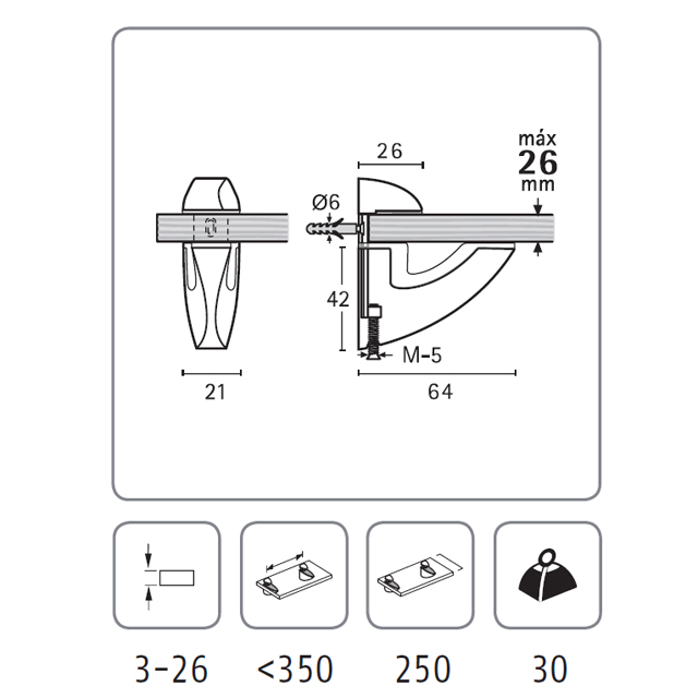 GLASS SHELF SUPPORT TYPE-V LARGE MED. ALU. MAT