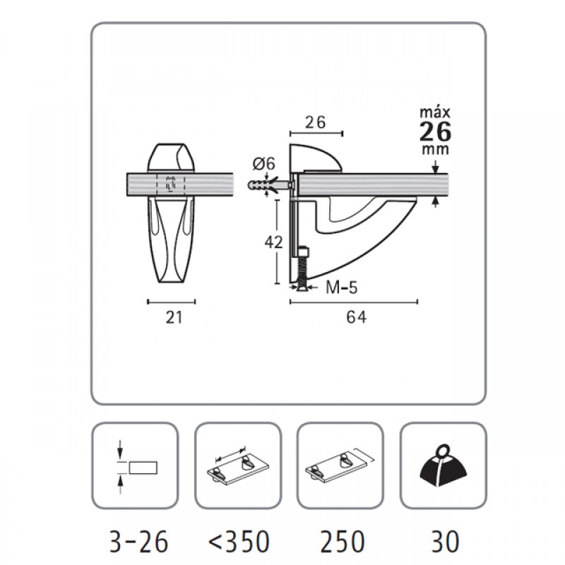 GLASS SHELF SUPPORT TYPE-V LARGE MED. ALU. MAT ADJUSTABLE GLASS SHELF SUPPORTS