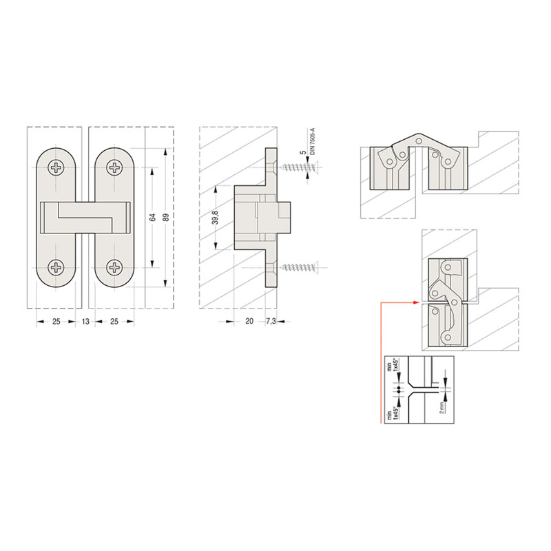 CONCEALED DOOR HINGE 89x25 / INOX