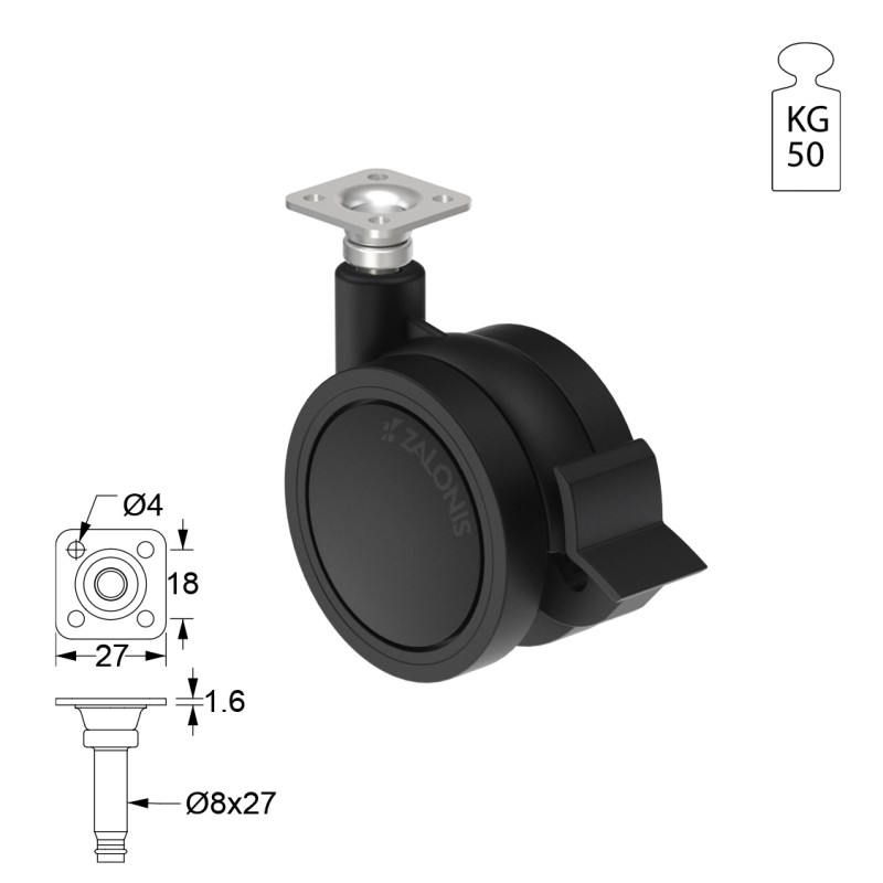 ΡΟΔΑ SR PLASTIC Φ.60 ΜΕ ΦΡΕΝΟ / ΜΑΥΡΟ ΣΕΙΡΑ SR PLASTIC / 40-50 Kg
