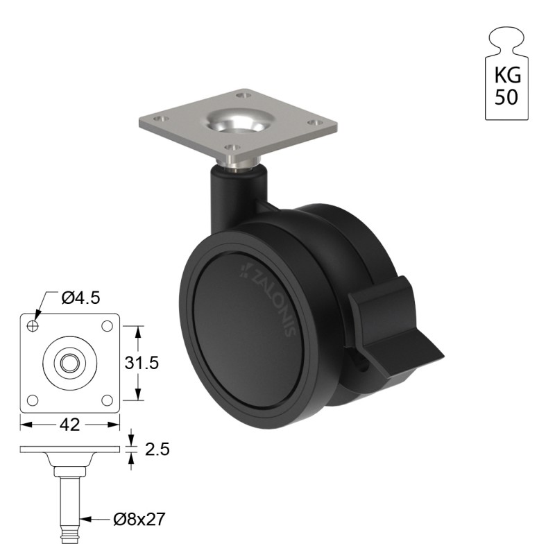 ΡΟΔΑ SR PLASTIC Φ.60 ΜΕ ΦΡΕΝΟ / ΜΑΥΡΟ ΣΕΙΡΑ SR PLASTIC / 40-50 Kg