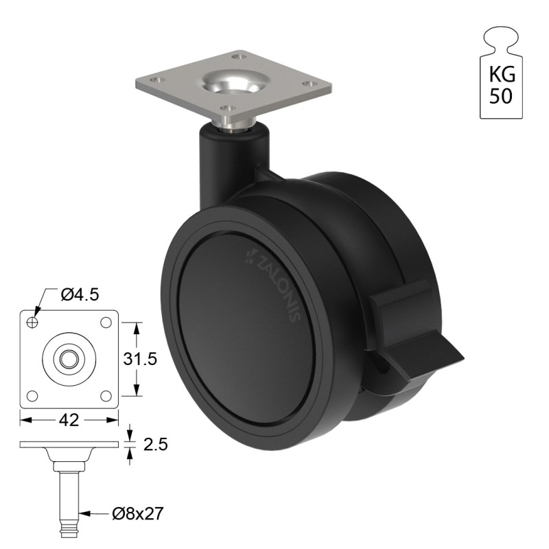 ΡΟΔΑ SR PLASTIC Φ.75 ΜΕ ΦΡΕΝΟ / ΜΑΥΡΟ ΣΕΙΡΑ SR PLASTIC / 40-50 Kg