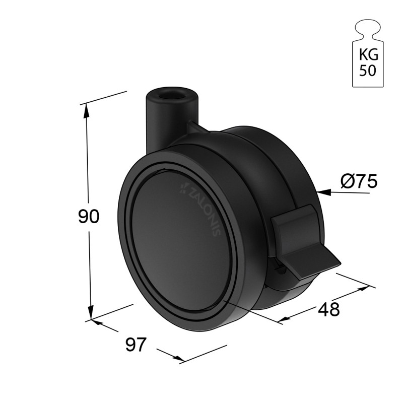 ΡΟΔΑ SR PLASTIC Φ.75 ΜΕ ΦΡΕΝΟ / ΜΑΥΡΟ ΣΕΙΡΑ SR PLASTIC / 40-50 Kg