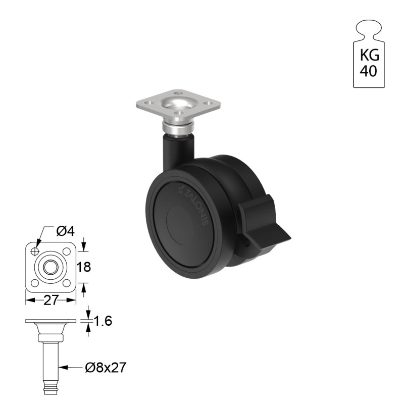 ΡΟΔΑ SR PLASTIC Φ.40 ΜΕ ΦΡΕΝΟ / ΜΑΥΡΟ