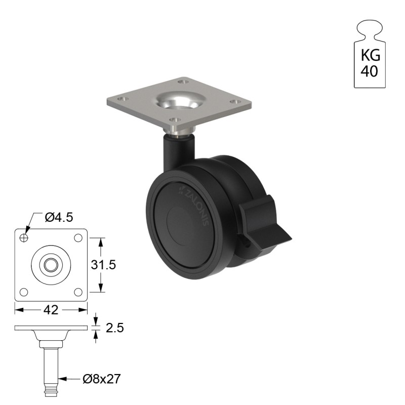 ΡΟΔΑ SR PLASTIC Φ.40 ΜΕ ΦΡΕΝΟ / ΜΑΥΡΟ