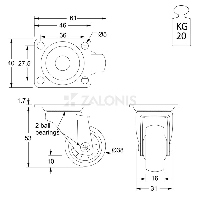 ΡΟΔΑ ΜΕΣΑΙΟΥ ΤΥΠΟΥ 205 Φ.38 / Υ.53 / 20KG