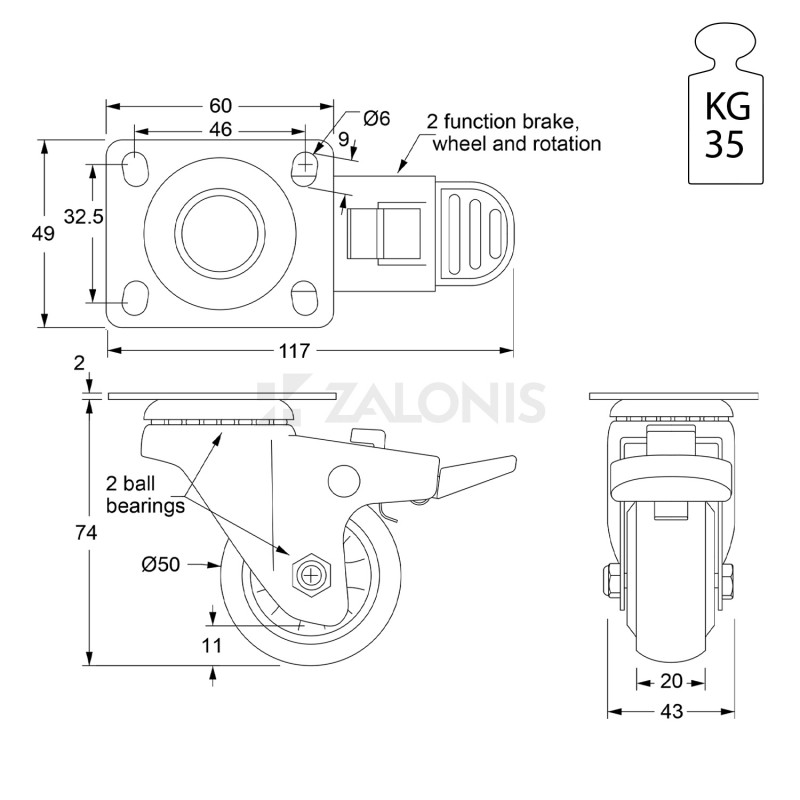ΡΟΔΑ ΜΕΣΑΙΟΥ ΤΥΠΟΥ 205 Φ.50 ΜΕ ΦΡΕΝΟ / Υ.76 / 35KG