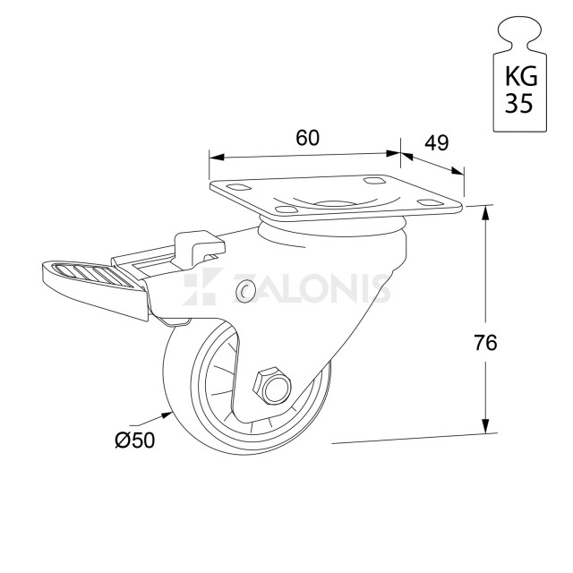ΡΟΔΑ ΜΕΣΑΙΟΥ ΤΥΠΟΥ 205 Φ.50 ΜΕ ΦΡΕΝΟ / Υ.76 / 35KG