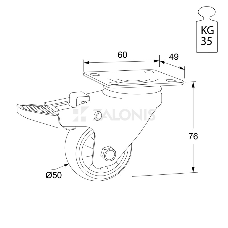 ΡΟΔΑ ΜΕΣΑΙΟΥ ΤΥΠΟΥ 205 Φ.50 ΜΕ ΦΡΕΝΟ / Υ.76 / 35KG