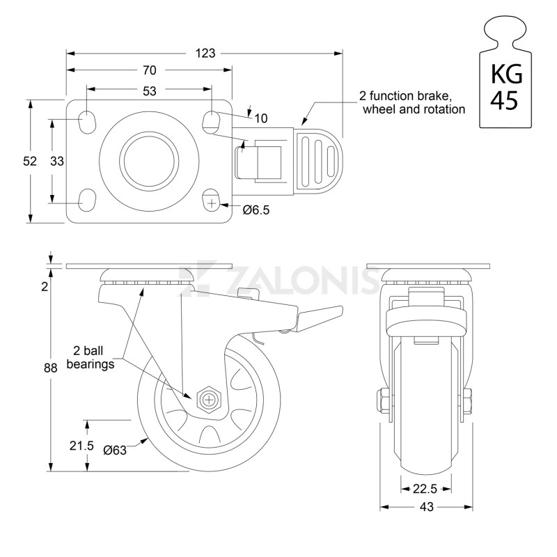 ΡΟΔΑ ΜΕΣΑΙΟΥ ΤΥΠΟΥ 205 Φ.63 ΜΕ ΦΡΕΝΟ / Υ.90 / 45KG
