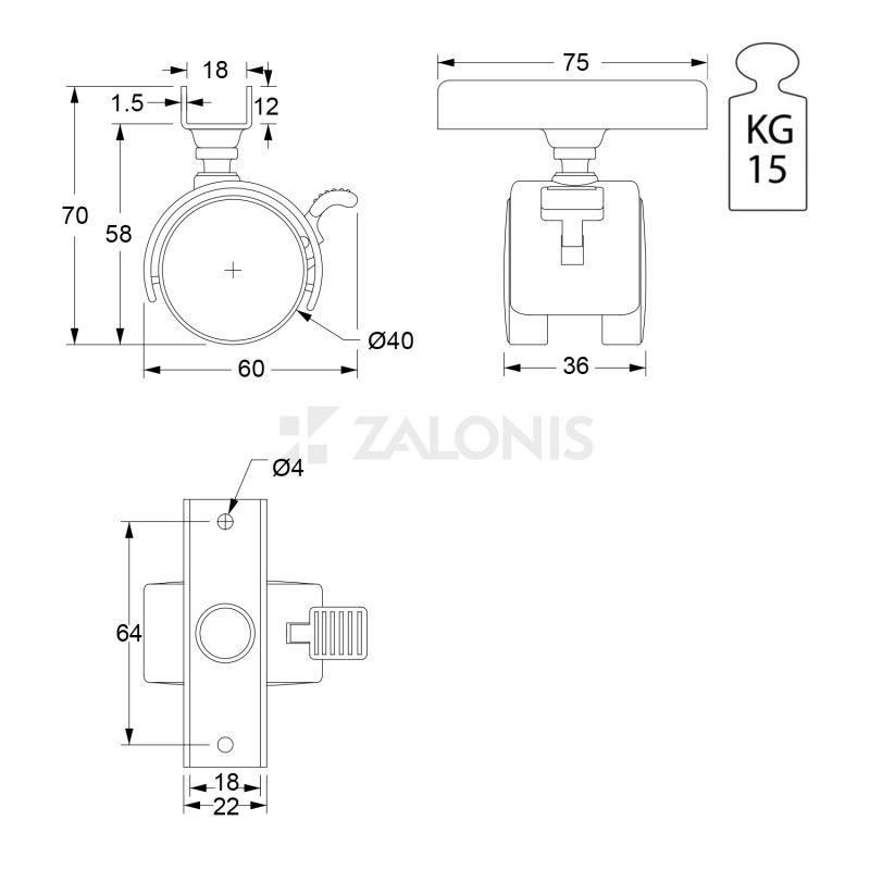 ΡΟΔΑ ΠΛΑΣΤΙΚΗ Φ.40 ΦΡΕΝΟ / Υ.58 / 15kg / U18 / ΜΑΥΡΟ
