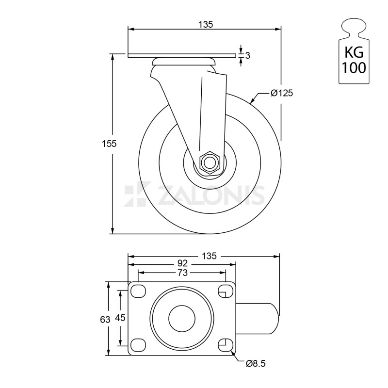 ΡΟΔΑ m.135 ΒΑΡΕΩΣ ΤΥΠΟΥ / Φ.125 / ΠΛΑΚΑ 63x92 / Υ.155 / 100Kg