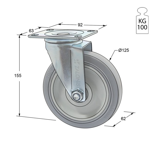 ΡΟΔΑ m.125 ΒΑΡΕΩΣ ΤΥΠΟΥ / Φ.125 / ΠΛΑΚΑ 63x92 / Υ.155 / 100Kg