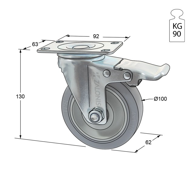 ΡΟΔΑ m.125 ΒΑΡΕΩΣ ΤΥΠΟΥ ΜΕ ΦΡΕΝΟ / Φ.100 / ΠΛΑΚΑ 63x92 / Υ.130 / 90Kg