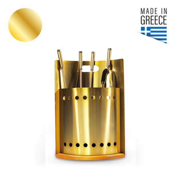 GOLD OVAL BUCKET FIREPLACE TOOLS WITH WOODEN BASE