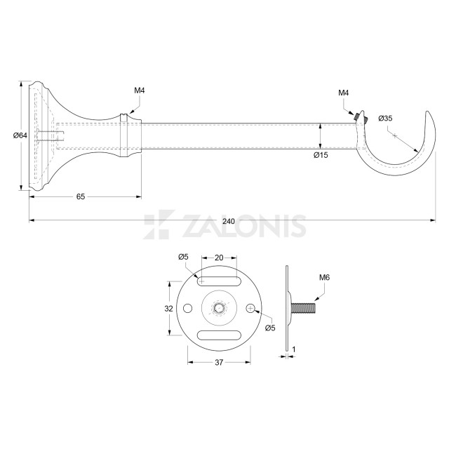 CURTAIN ROD SUPPORT / D.35 / MAT GOLD