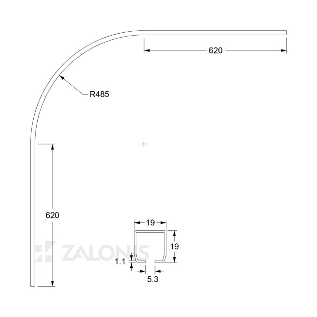 HEAVY DUTY CURVED CURTAIN RAIL 90 R=485 / IRIDIUM