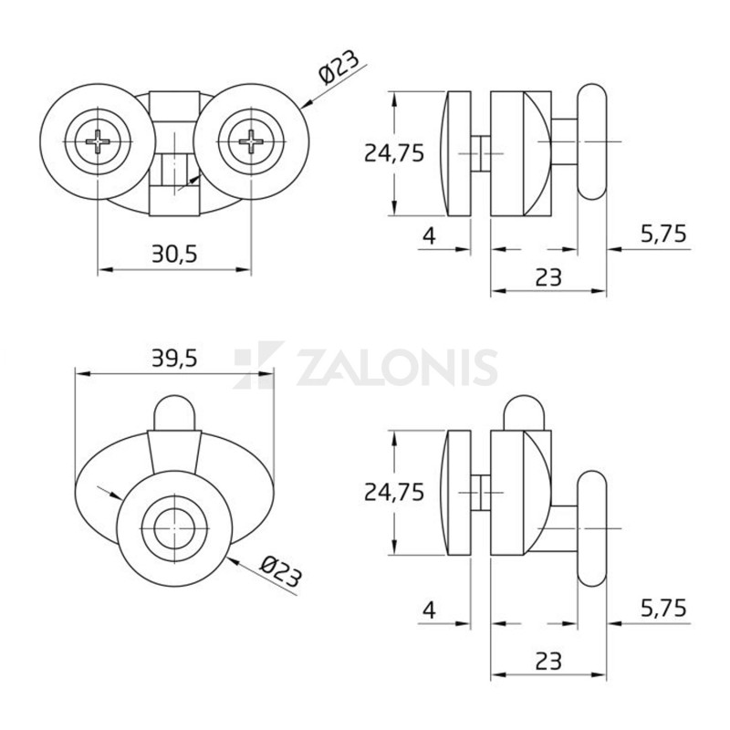 ROLLER SET FOR SHOWER BLIND 03 - 23mm / GRAY  SHOWER WHEELS