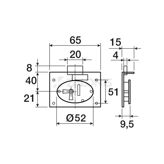 FURNITURE INTERNAL MOUNTING LOCK 40mm / GOLD / LEFT