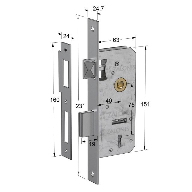 ΚΛΕΙΔΑΡΙΑ ΜΕΣΟΠΟΡΤΑΣ 40x75mm HALZ / ΤΕΤΡ-ΤΕΤΡ / ΝΙΚΕΛ ΜΑΤ