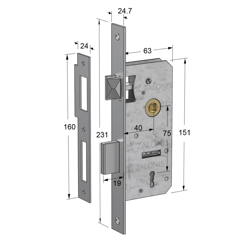 ΚΛΕΙΔΑΡΙΑ ΜΕΣΟΠΟΡΤΑΣ 40x75mm HALZ / ΤΕΤΡ-ΤΕΤΡ / ΝΙΚΕΛ ΜΑΤ