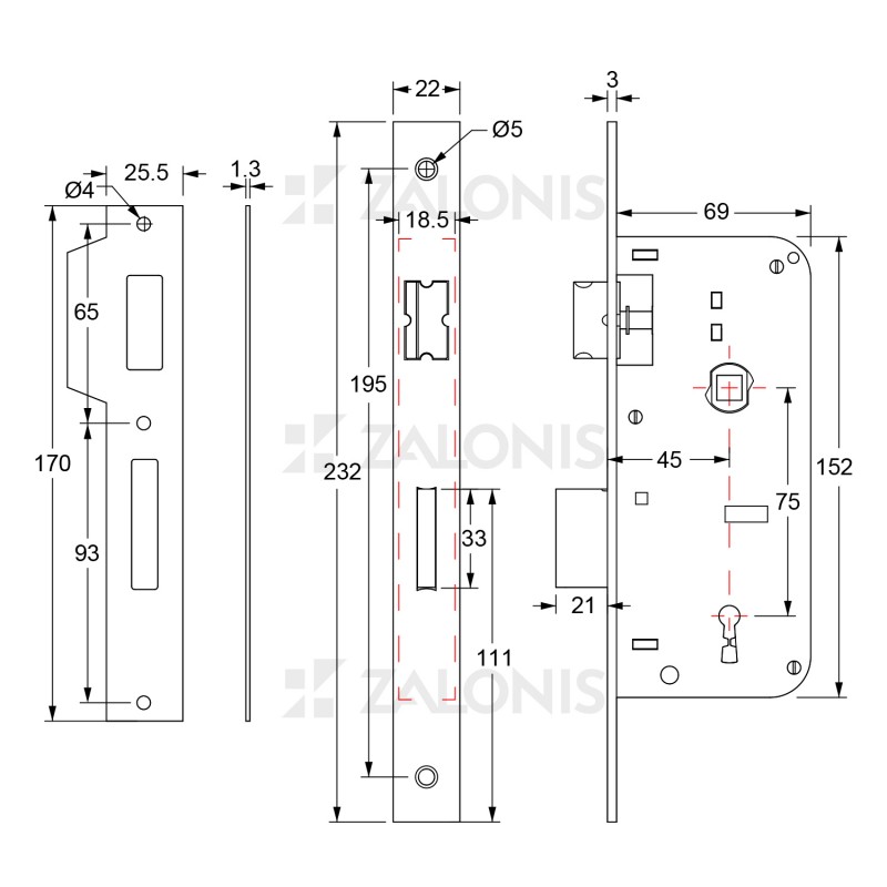 INTERIOR DOOR LOCK 45x75 mm ICSA / SQ-SQ / MAT GOLD