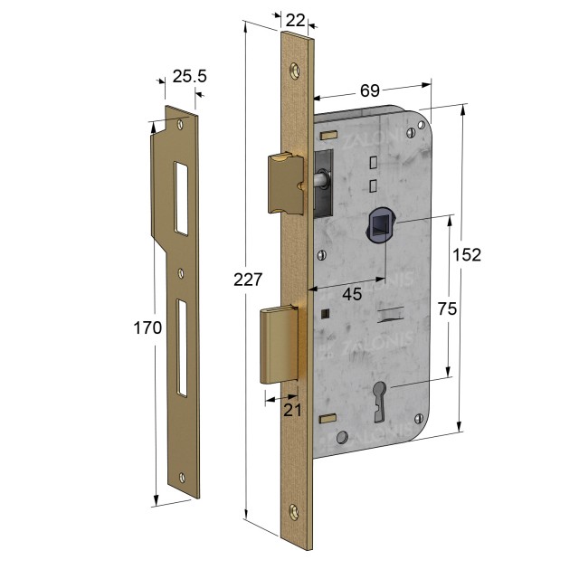 INTERIOR DOOR LOCK 45x75 mm ICSA / SQ-SQ / MAT GOLD