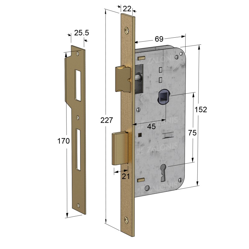 INTERIOR DOOR LOCK 45x75 mm ICSA / SQ-SQ / MAT GOLD
