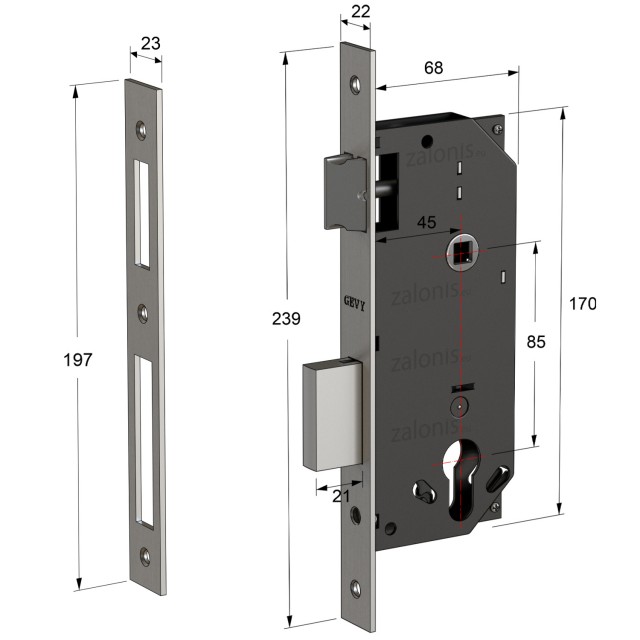 SECURITY MORTISE DOOR LOCK GEVY / SQ -  SQ / MAT NICKEL
