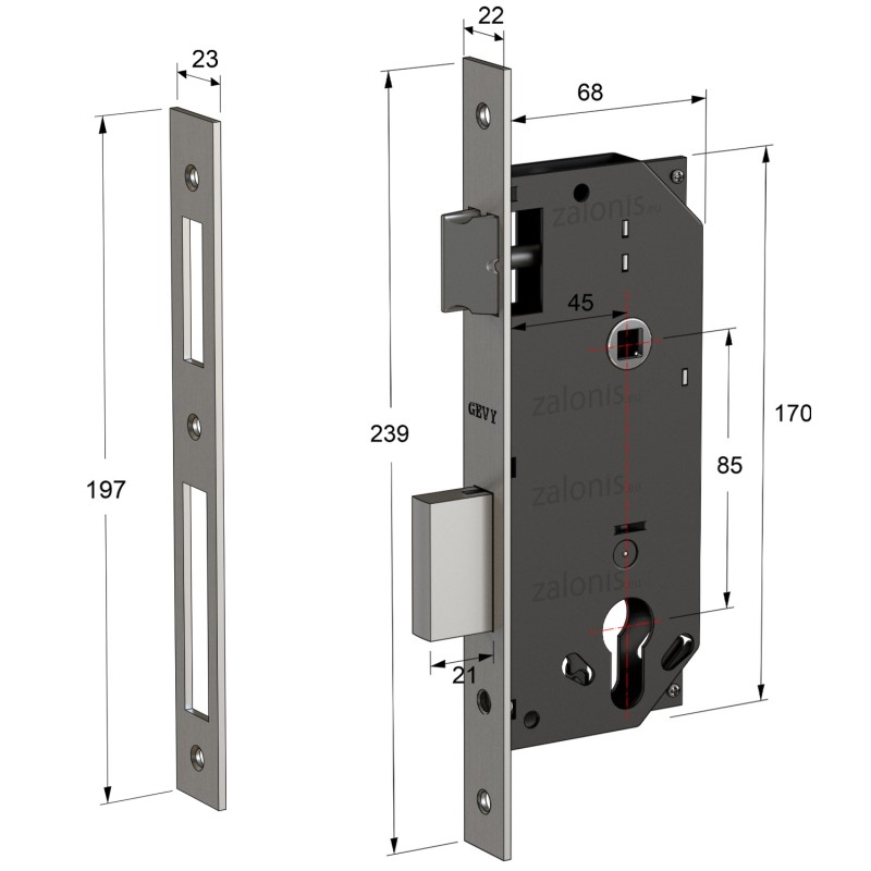 SECURITY MORTISE DOOR LOCK GEVY / SQ -  SQ / MAT NICKEL SECURITY MORTISE DOOR LOCKS