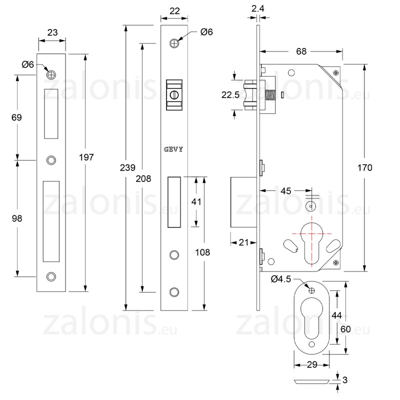 SECURITY MORTISE DOOR LOCK GEVY / ROLLER LATCH / SQ -  SQ / MAT GOLD SECURITY MORTISE DOOR LOCKS