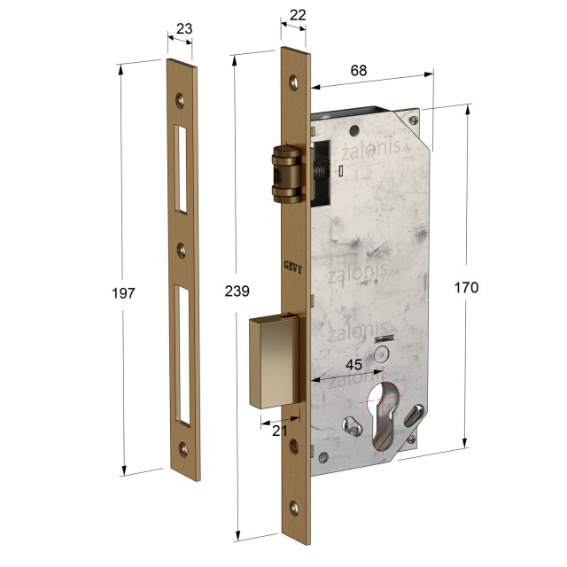 SECURITY MORTISE DOOR LOCK GEVY / ROLLER LATCH / SQ -  SQ / MAT GOLD
