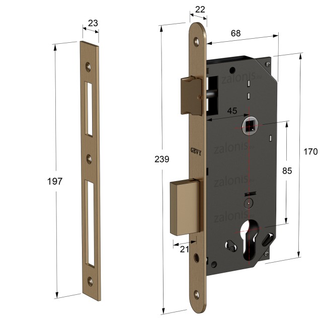SECURITY MORTISE DOOR LOCK GEVY / OV -  SQ / MAT GOLD