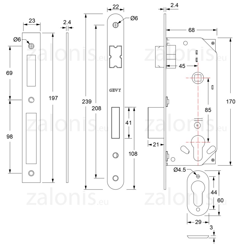 SECURITY MORTISE DOOR LOCK GEVY / OV -  SQ / MAT NICKEL SECURITY MORTISE DOOR LOCKS