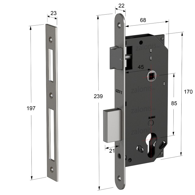 SECURITY MORTISE DOOR LOCK GEVY / OV -  SQ / MAT NICKEL