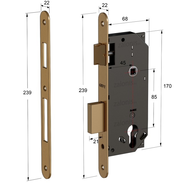 SECURITY MORTISE DOOR LOCK GEVY / OV-OV / MAT GOLD