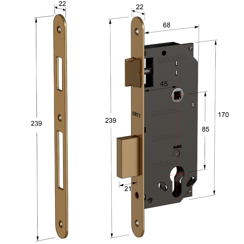SECURITY MORTISE DOOR LOCK GEVY / OV-OV / MAT GOLD SECURITY MORTISE DOOR LOCKS